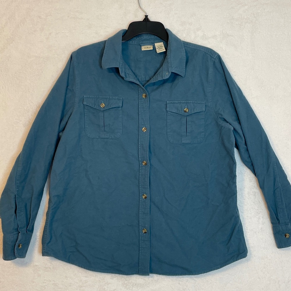 LL Bean Button Down Shirt Women's XL Blue Long Sleeve Cotton Utility